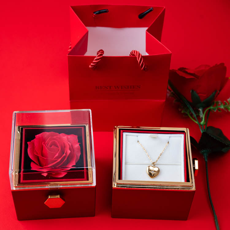 Rosa Eterna (Giratorio) + Collar corazón (Acero inoxidable con baño de oro 18K) + Bolsa de regalo + 1 Rosa