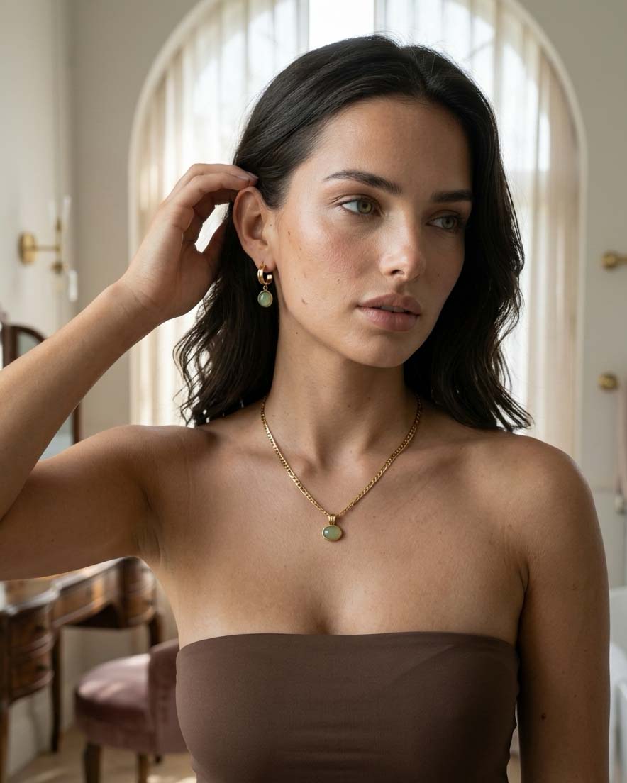 Set Verde oro ( Collar - Aretes ) ( Resistente al agua )