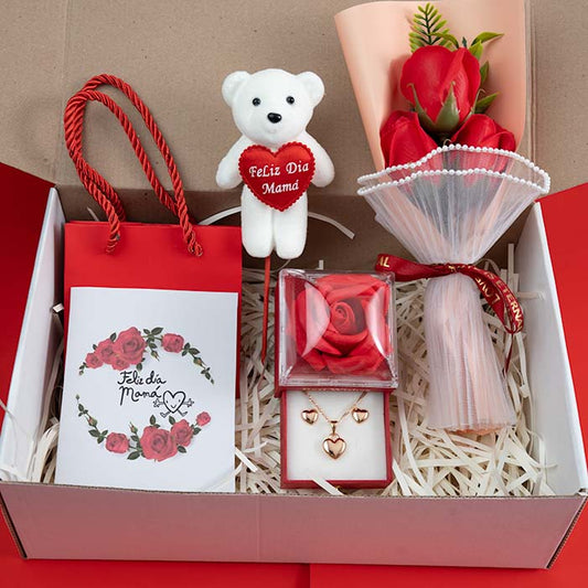 Pack madre ( 3 rosas + Osito + Cofre rosa eterna + collar corazon + aretes + carta  + bolsa regalo  )